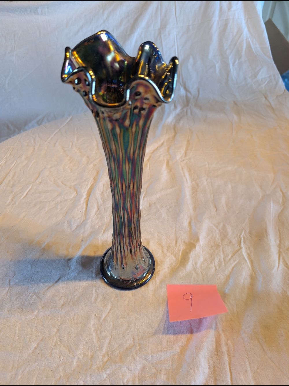 2/120$ Fenton Iridescent Ruffled Cobalt Carnival Glass Vase